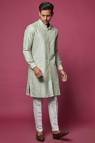 sage green cotton silk embroidered kurta set