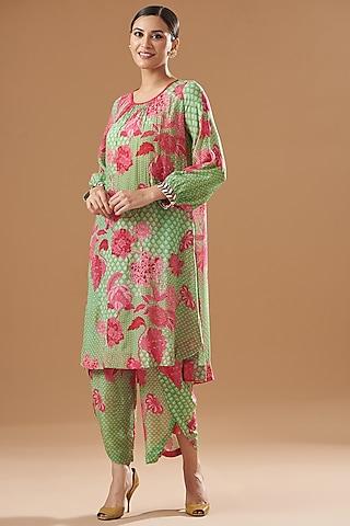 sage green crepe embroidered & printed kurta set