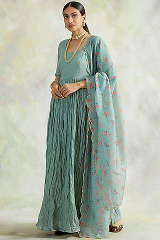 sage green crinkled anarkali with printed dupatta