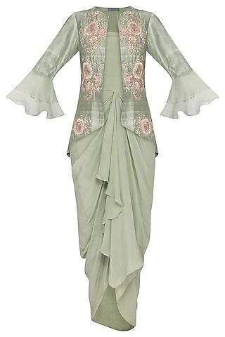 sage green drape dress with embroidered jacket