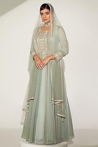 sage green embellished anarkali set