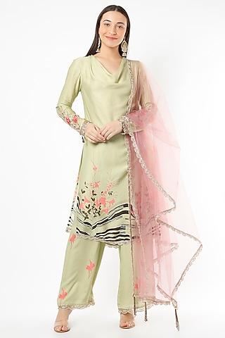 sage green embroidered & floral printed kurta set