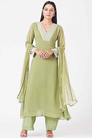 sage green embroidered a-line kurta set