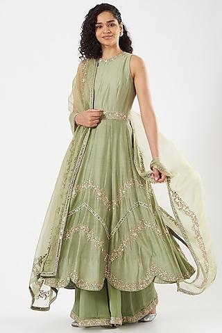 sage green embroidered aanrkali set