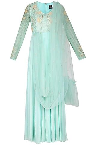 sage green embroidered anarkali gown with attached dupatta