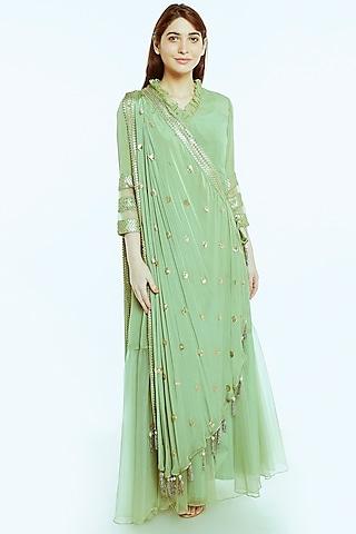 sage green embroidered anarkali gown with drape