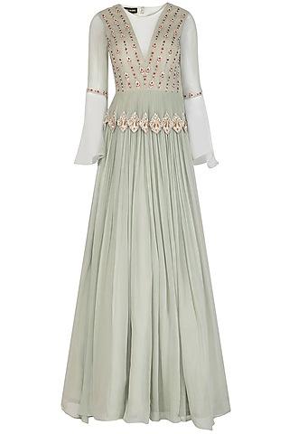sage green embroidered anarkali gown with ruffled dupatta