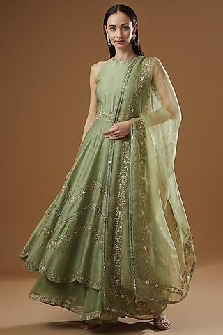 sage green embroidered anarkali set