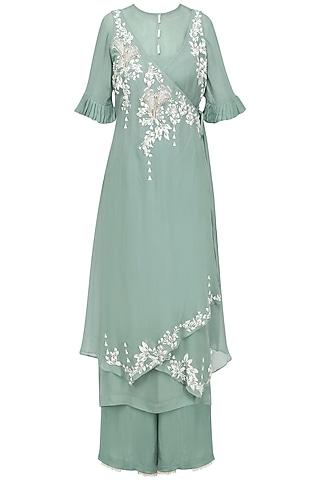 sage green embroidered asymmetrical kurta with inner and palazzo pants