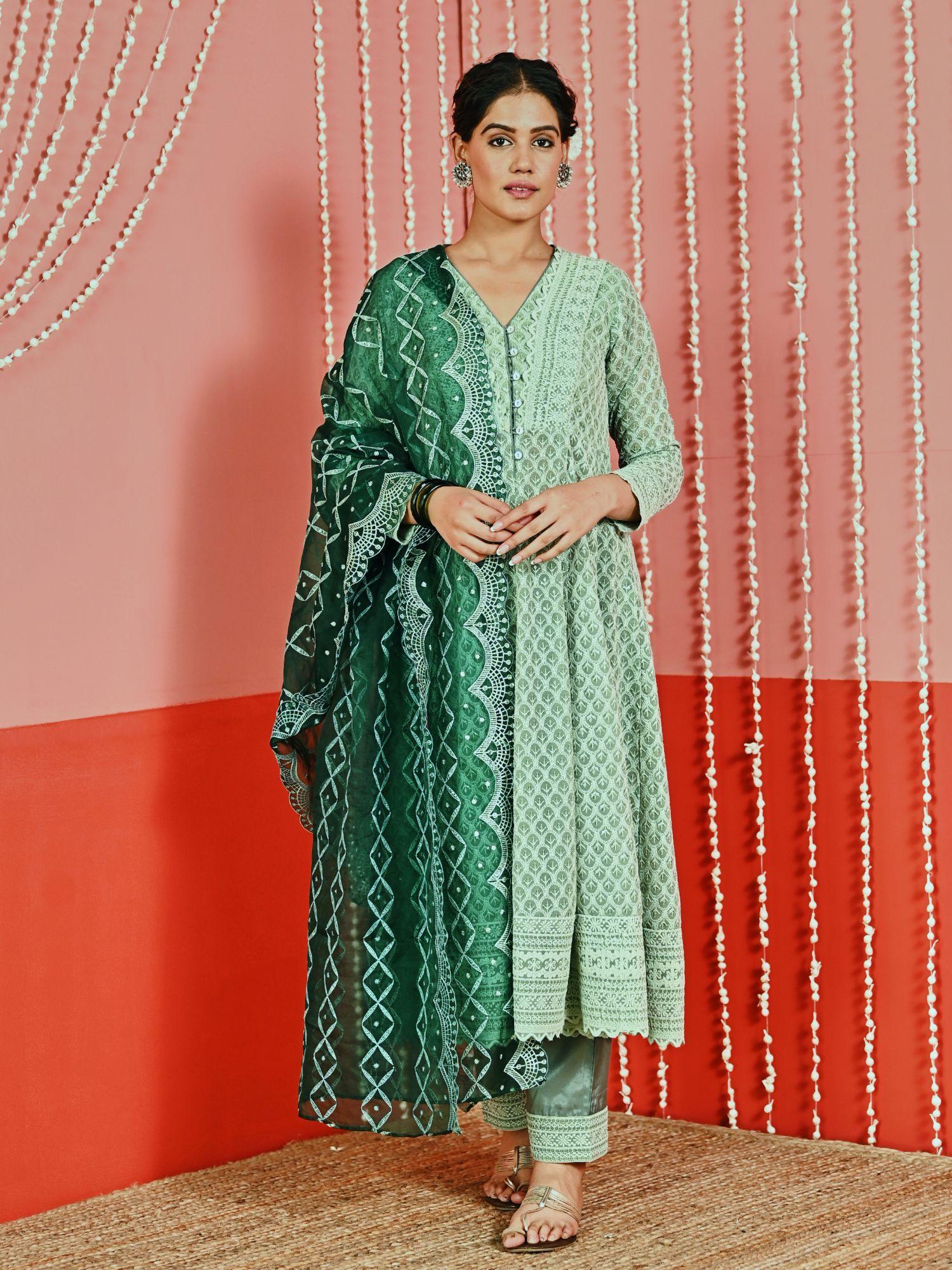 sage green embroidered georgette anarkali and pant with organza dupatta (set of 3)