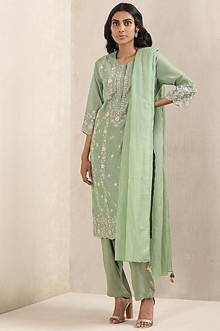 sage green embroidered kurta set