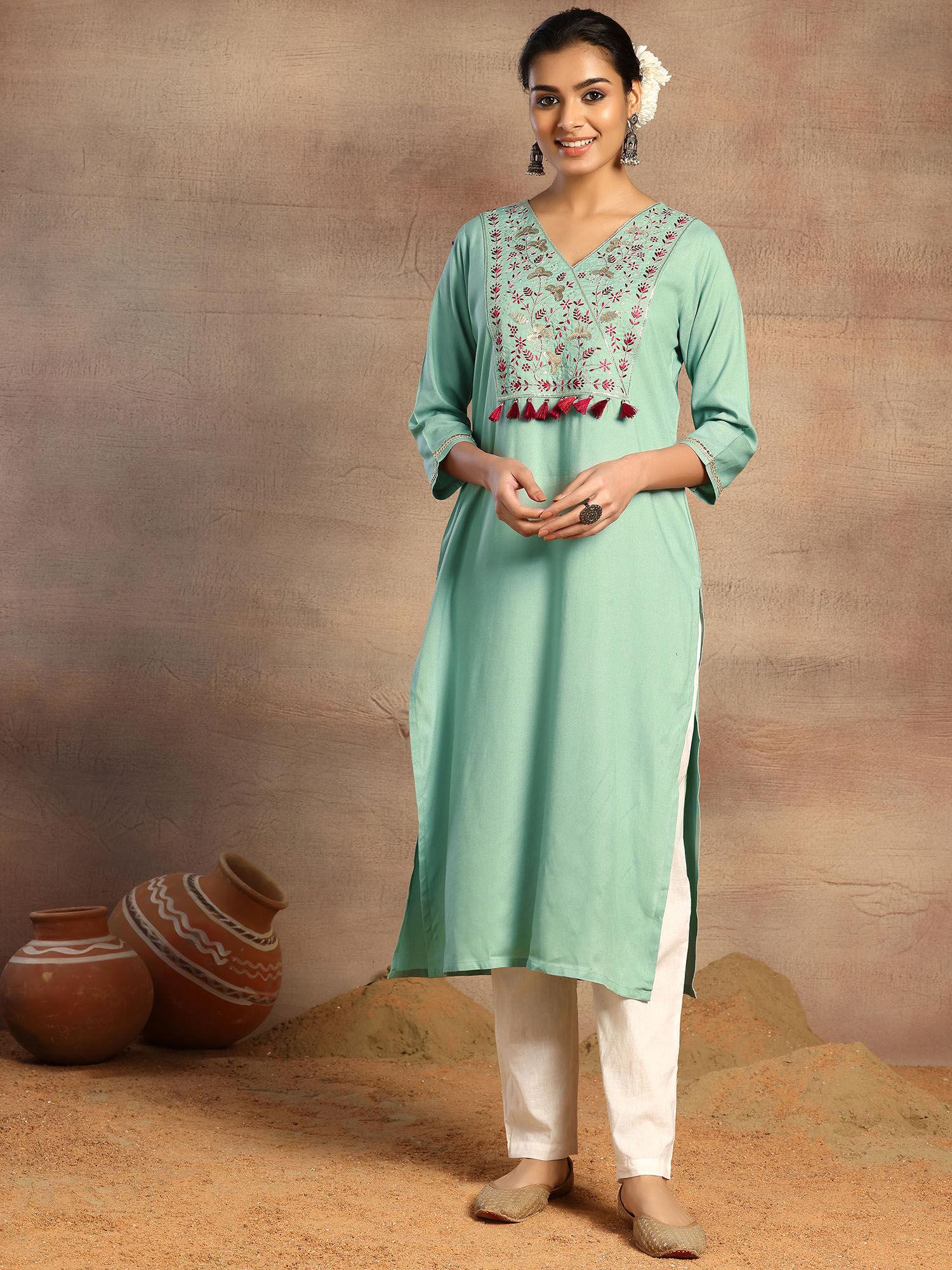 sage green embroidered neck rayon a-line kurta