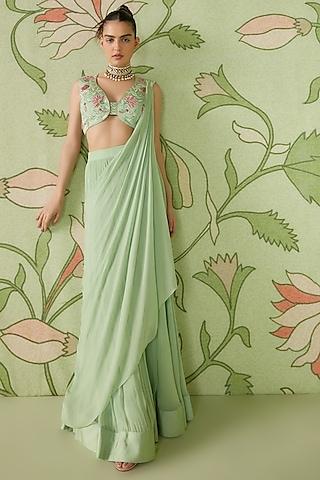 sage green embroidered pre-draped saree set
