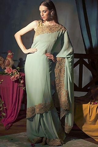 sage green embroidered saree set