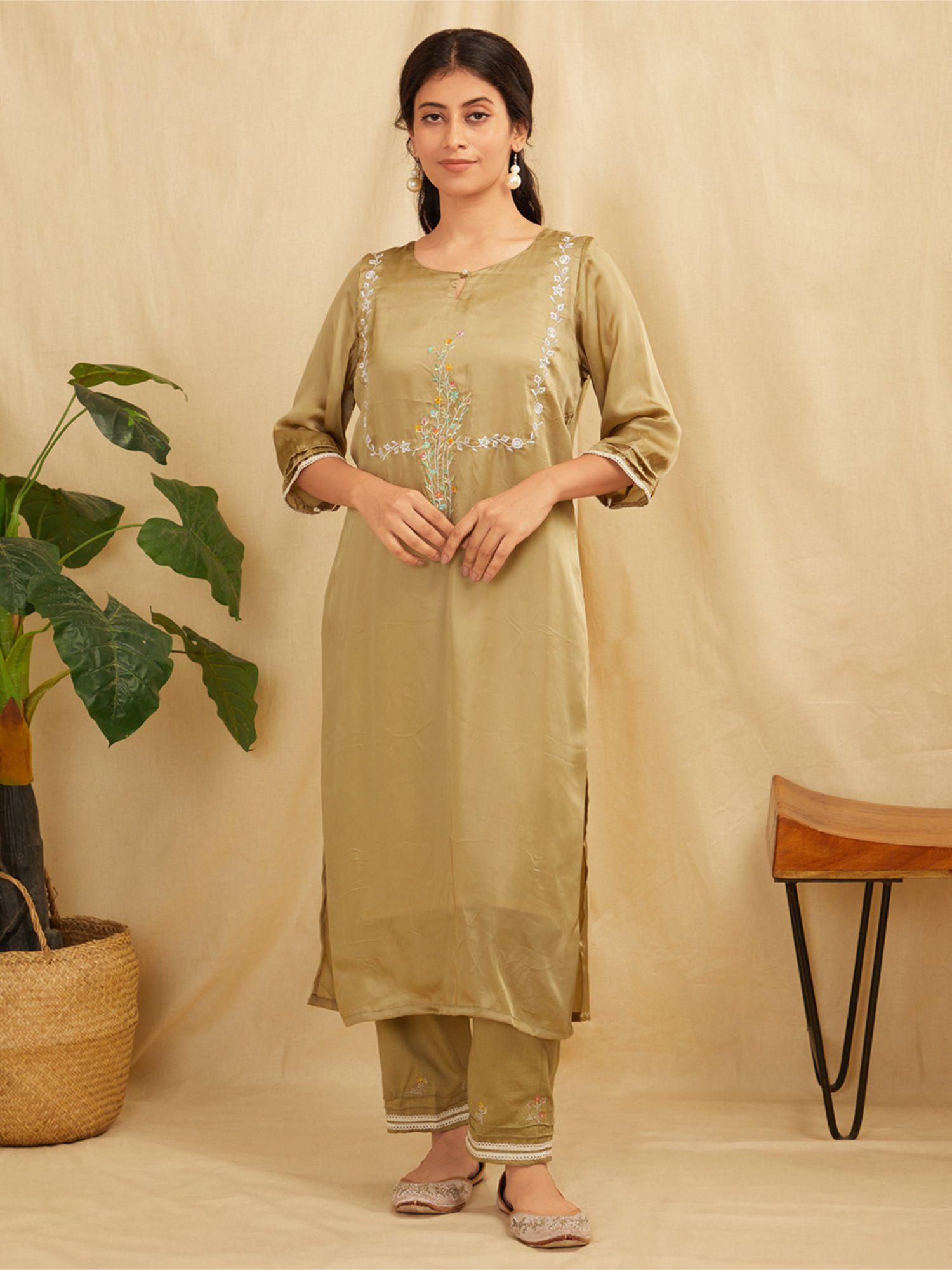 sage green embroidered satin silk kurta with pant (set of 2)
