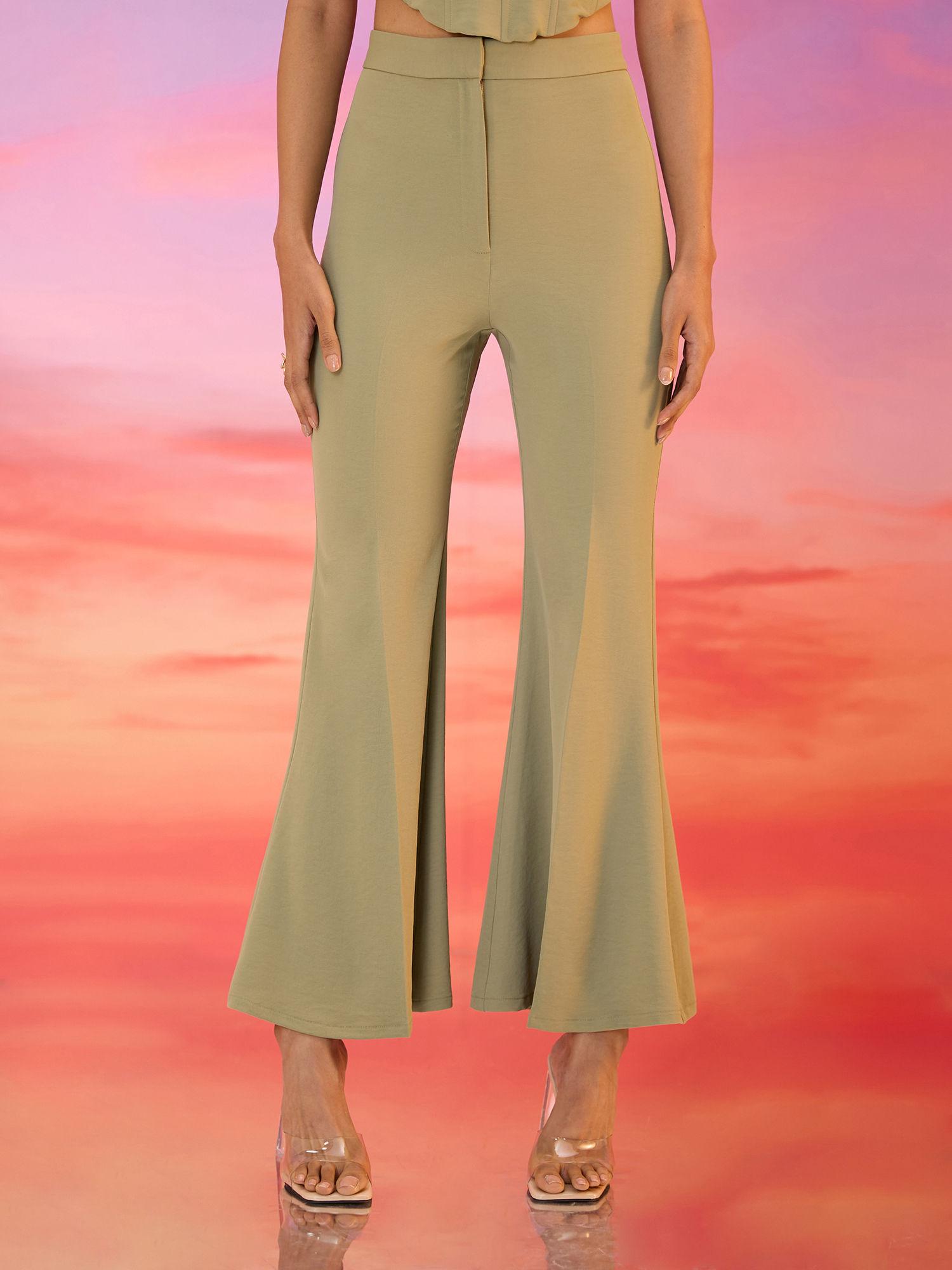 sage green fit and flare solid pants