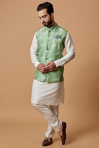 sage green flat raw silk digital printed bundi jacket