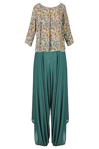 sage green floral full sleeved pleated top with dhoti pants