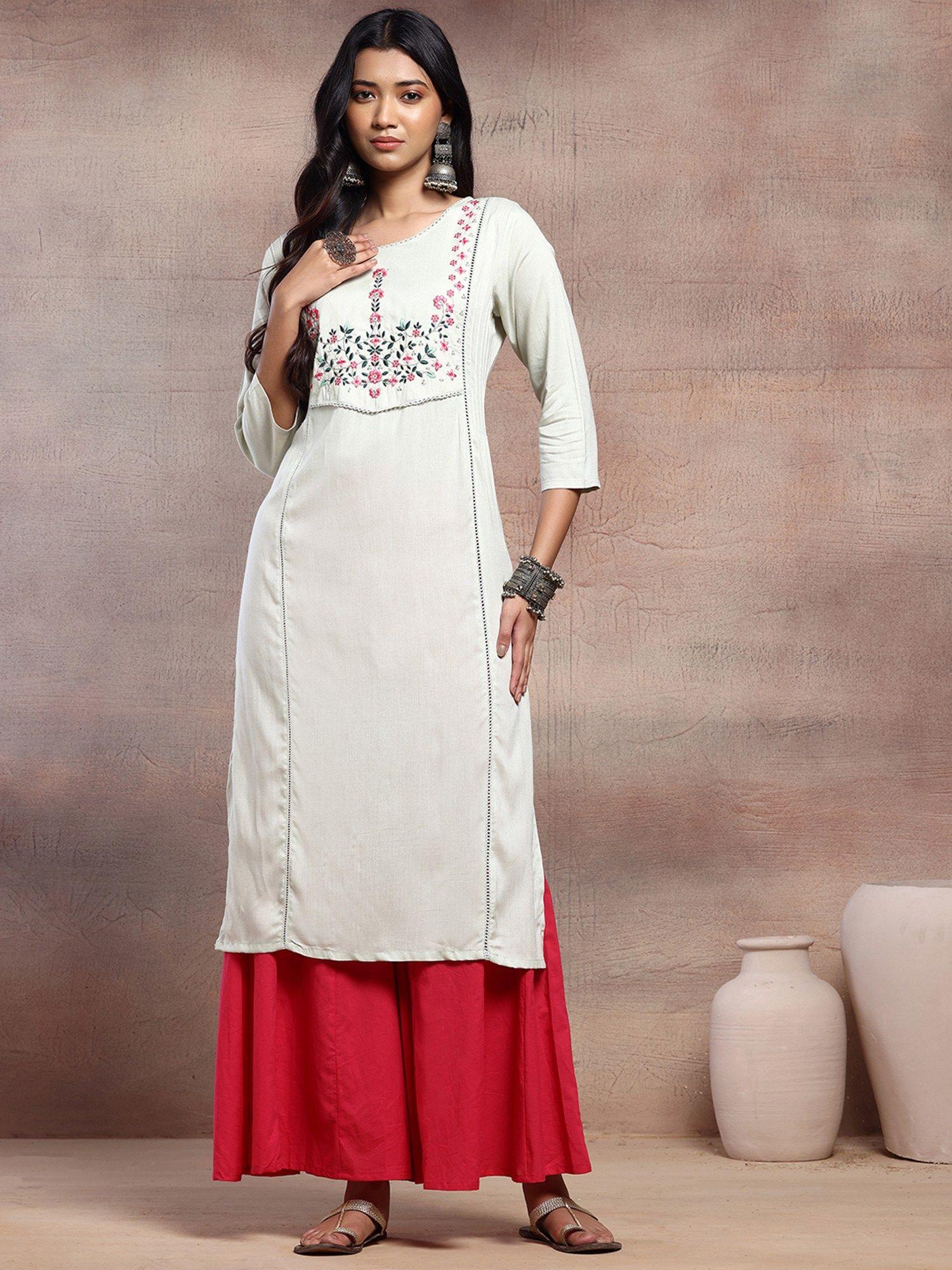 sage green floral thread embroidered rayon kurta