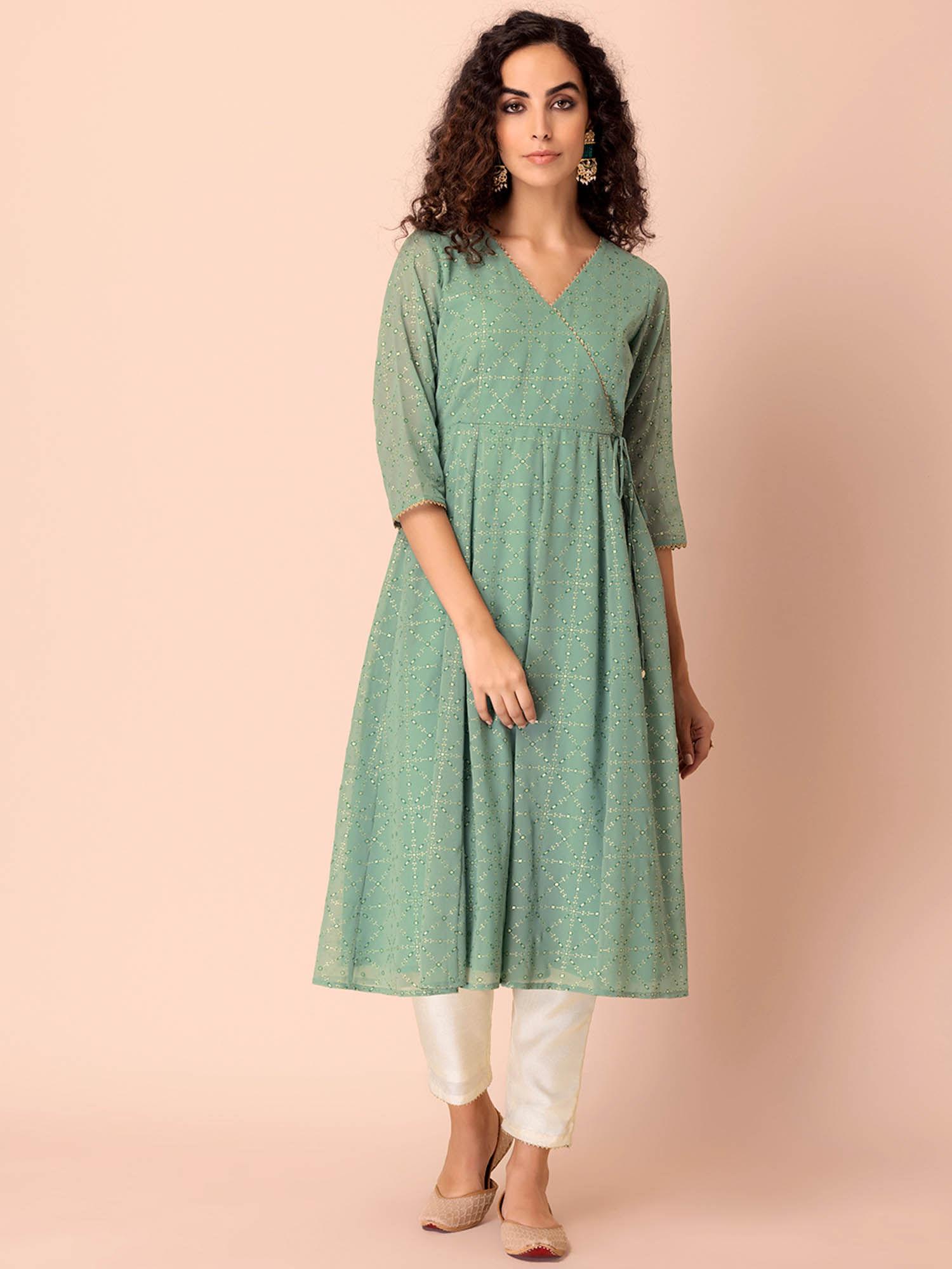 sage green foil print angrakha kurta