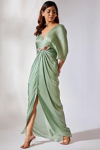 sage green gajji silk embroidered draped dress