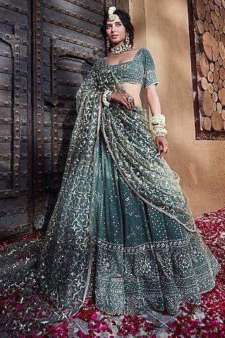 sage green georgette chikankari  embroidered lehenga set