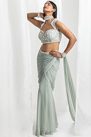 sage green georgette embellished pre-draped saree set