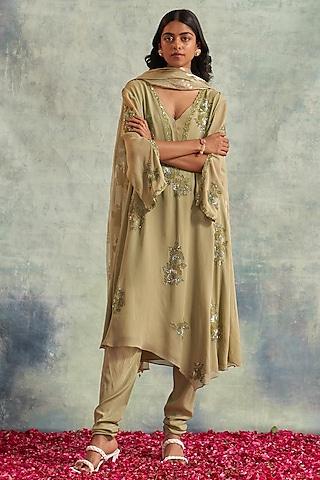 sage green georgette embroidered a-line kurta set