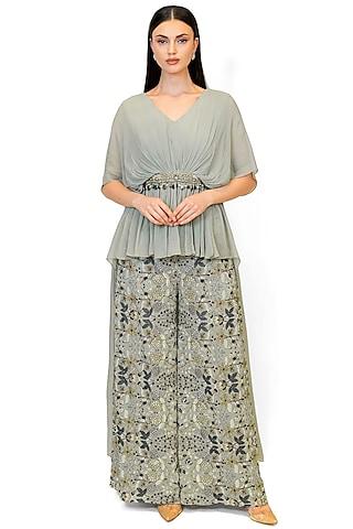 sage green georgette embroidered high-low cape set