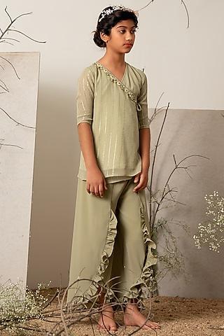 sage green georgette embroidered kurta set for girls