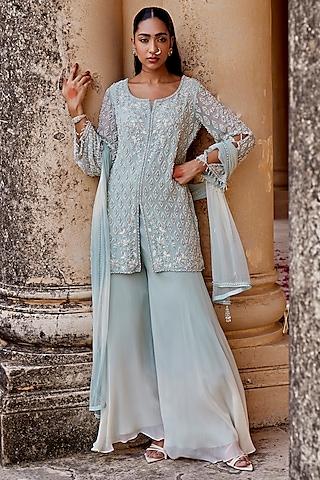 sage green georgette floral embroidered tunic set