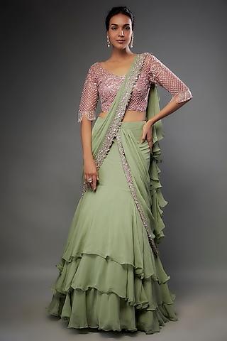 sage green georgette layered draped saree set