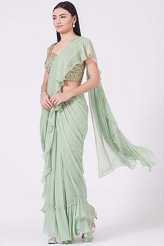 sage green georgette ruffled saree set