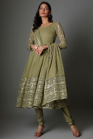 sage green georgette sequins embellished anarkali set