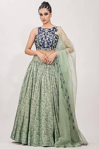 sage green hand block printed & embroidered lehenga set