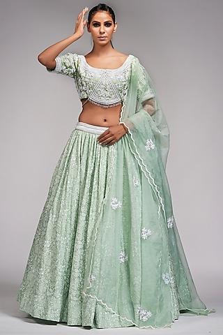 sage green hand block printed lehenga set