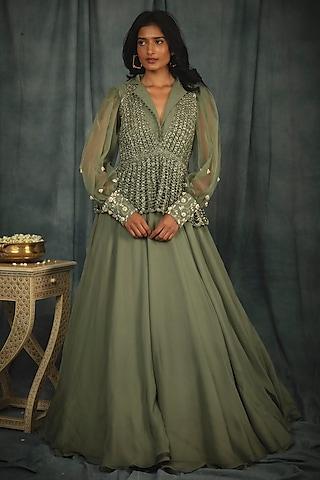 sage green hand embroidered flared gown with jacket