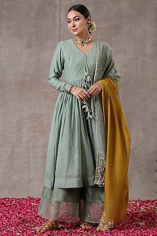 sage green hand embroidered gathered kalidar kurta set