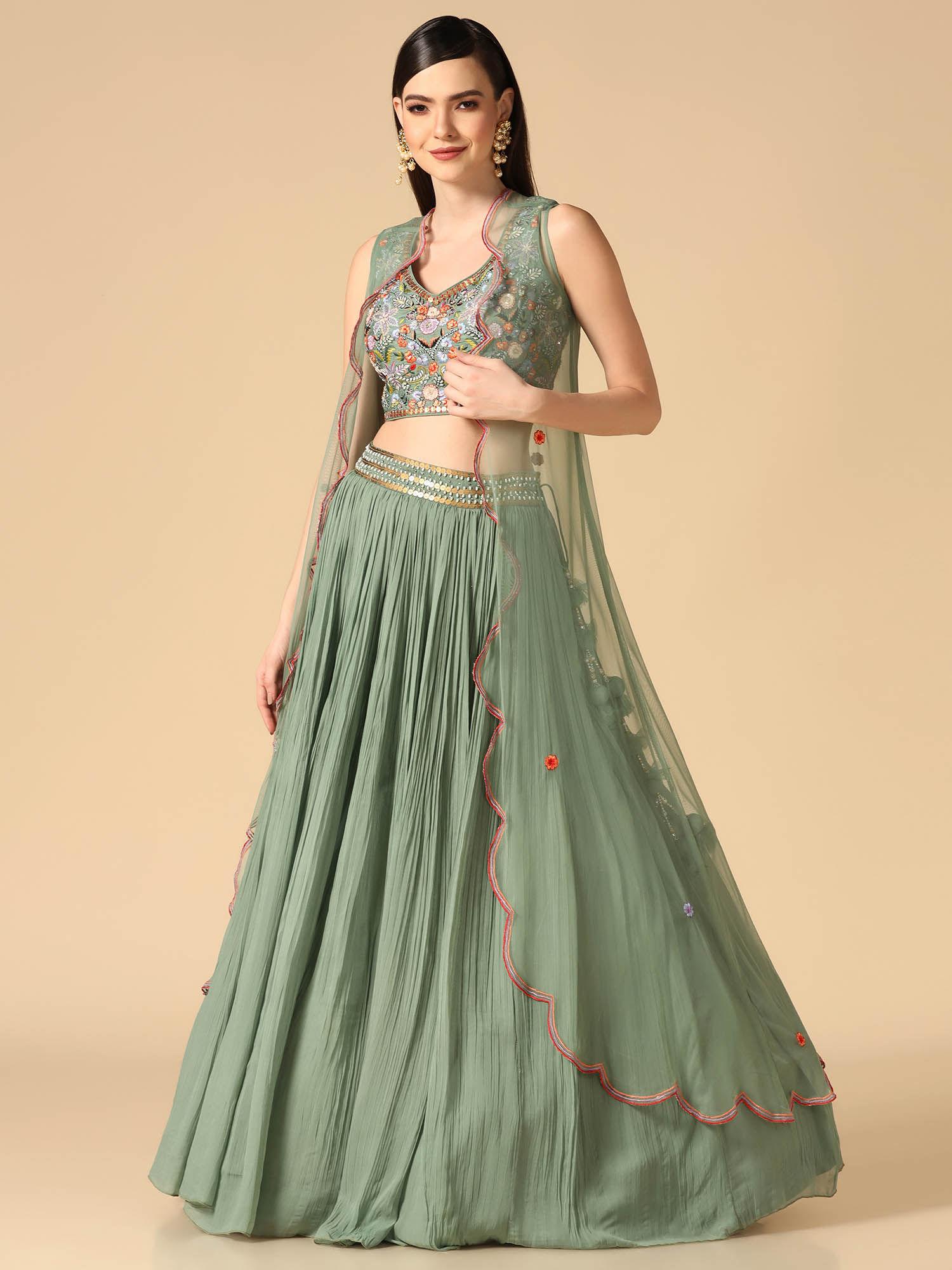sage green hand embroidered lehenga with cape and blouse (set of 3)