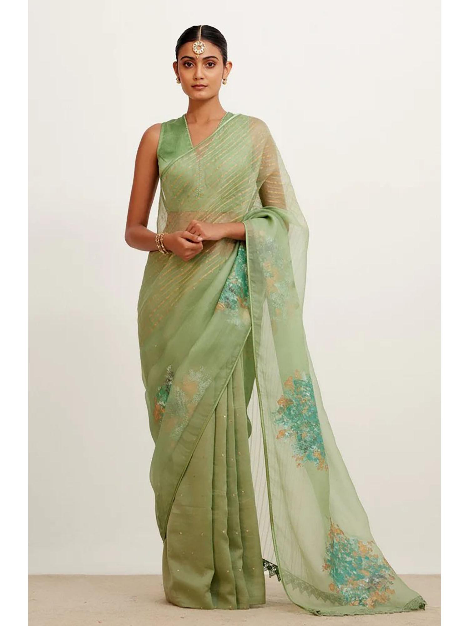 sage green hand-painted organza saree with stitched blouse (set of 2)