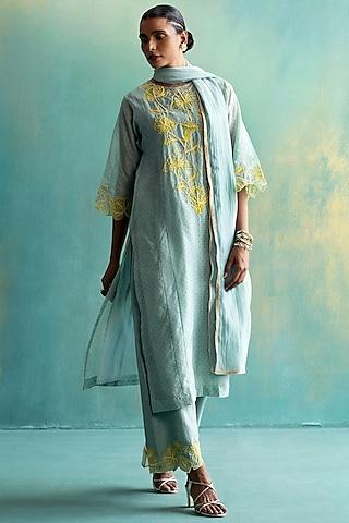 sage green handwoven chanderi embroidered kurta set