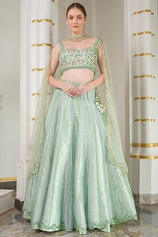 sage green heavy satin & organza hand embroidered lehenga set