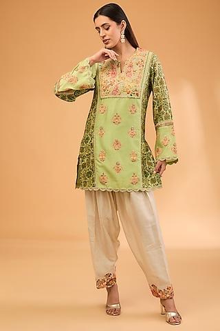 sage green jamavar printed & embroidered kurta set
