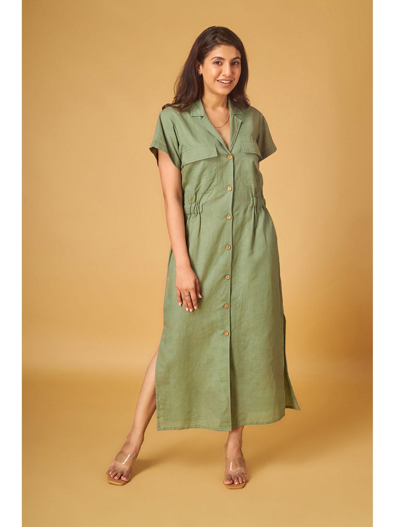sage green linen shirt maxi dress