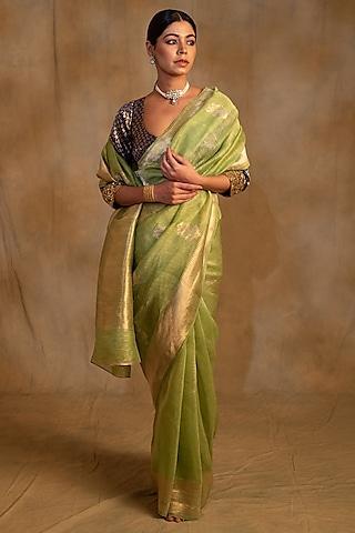 sage green linen silk organza handwoven saree