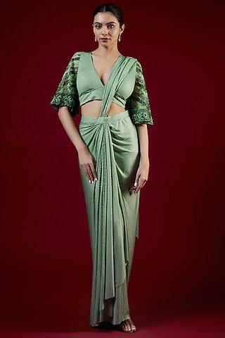 sage green lycra embroidered pre-draped saree set