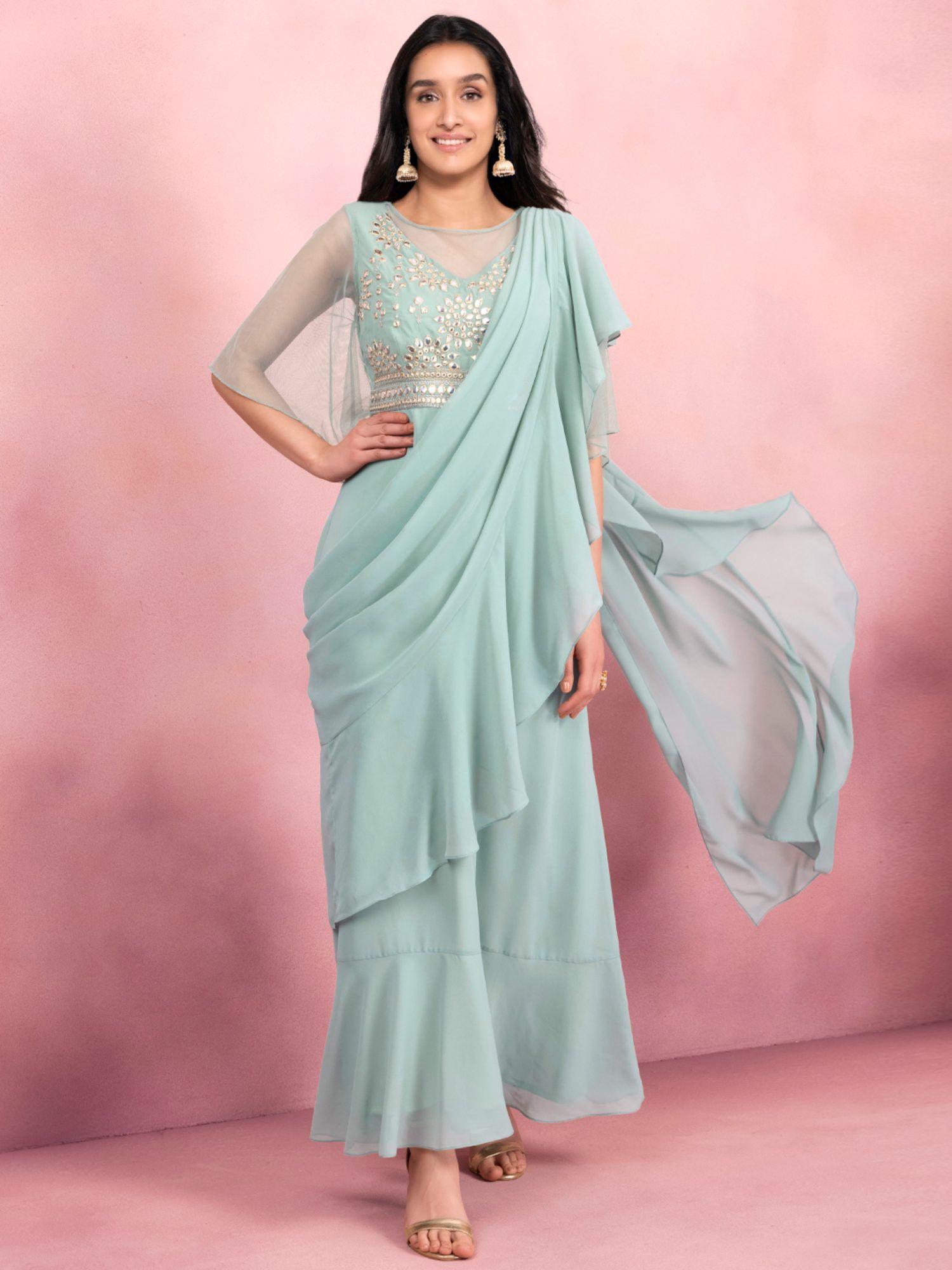 sage green mirror pre draped saree