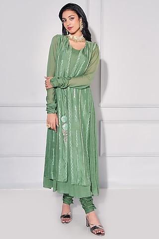 sage green mul & dupion silk anarkali set