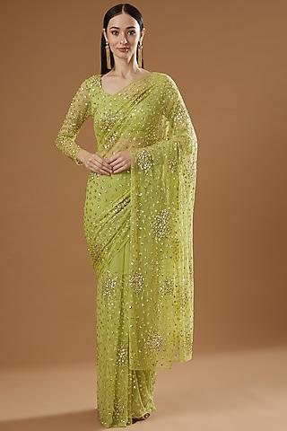 sage green net & crepe saree set