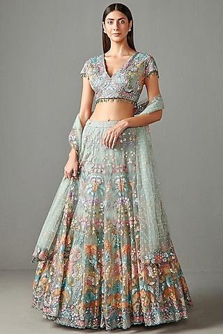 sage green net lehenga set